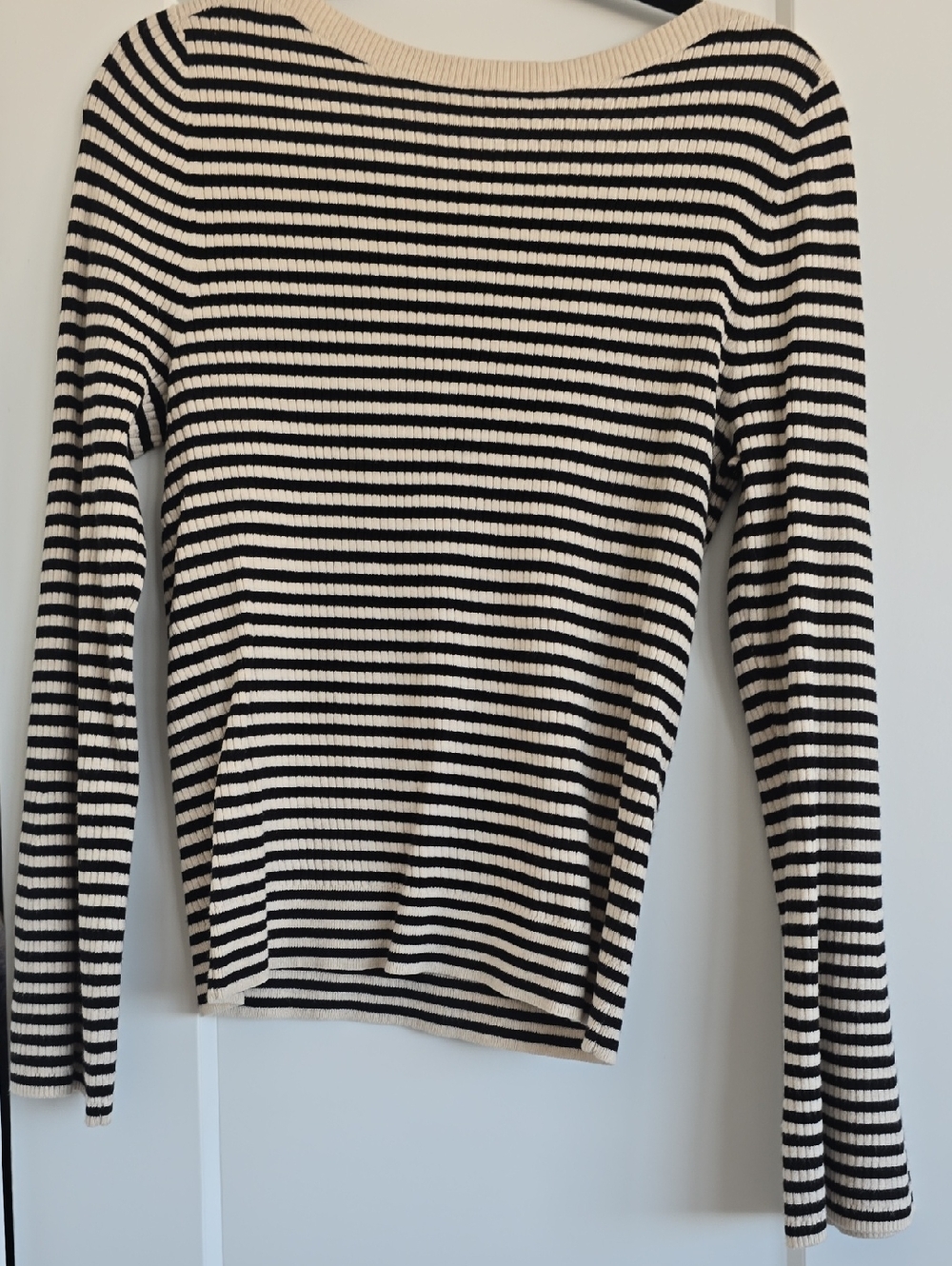 LOFT Black & Cream Striped Ribbed Top